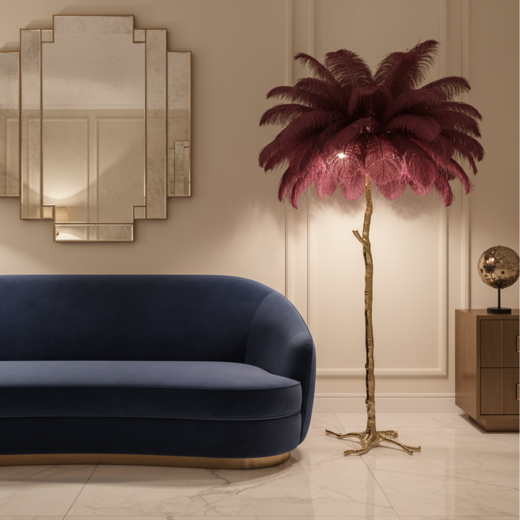 Seravelle – Lampada da terra a treppiede con paralume di piume