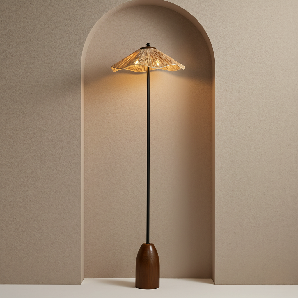 Ravari - Modern rattan állólámpa kézzel szőtt árnyékolóval nappaliba