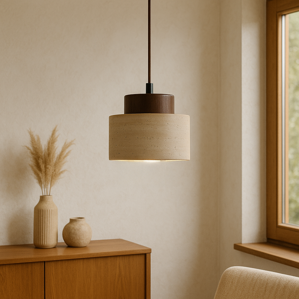 Briwen - Stone Shade Pendant Light with Wood Detail