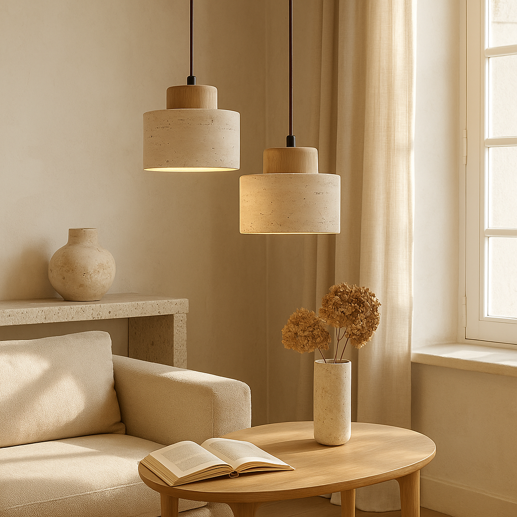 Briwen - Stone Shade Pendant Light with Wood Detail
