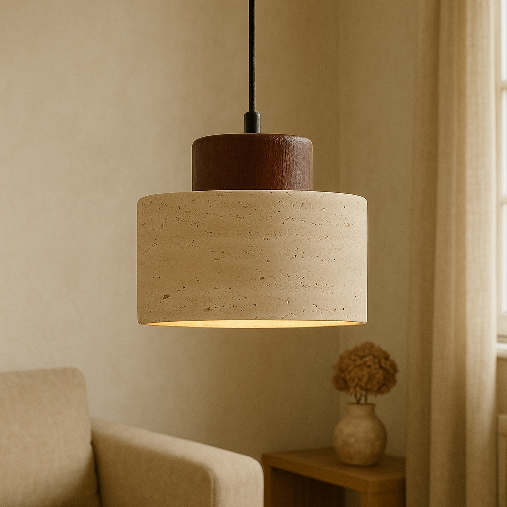 Briwen - Stone Shade Pendant Light with Wood Detail
