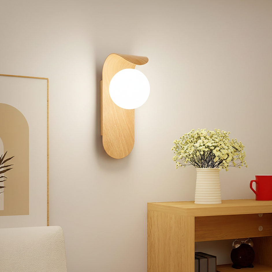 Naoren – Lampada da Parete Sferica Effetto Legno LED